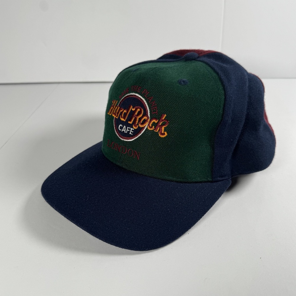 Vintage Hard Rock Cafe Hat Cap Snap Back Green Navy London Embroidered Mens 90s